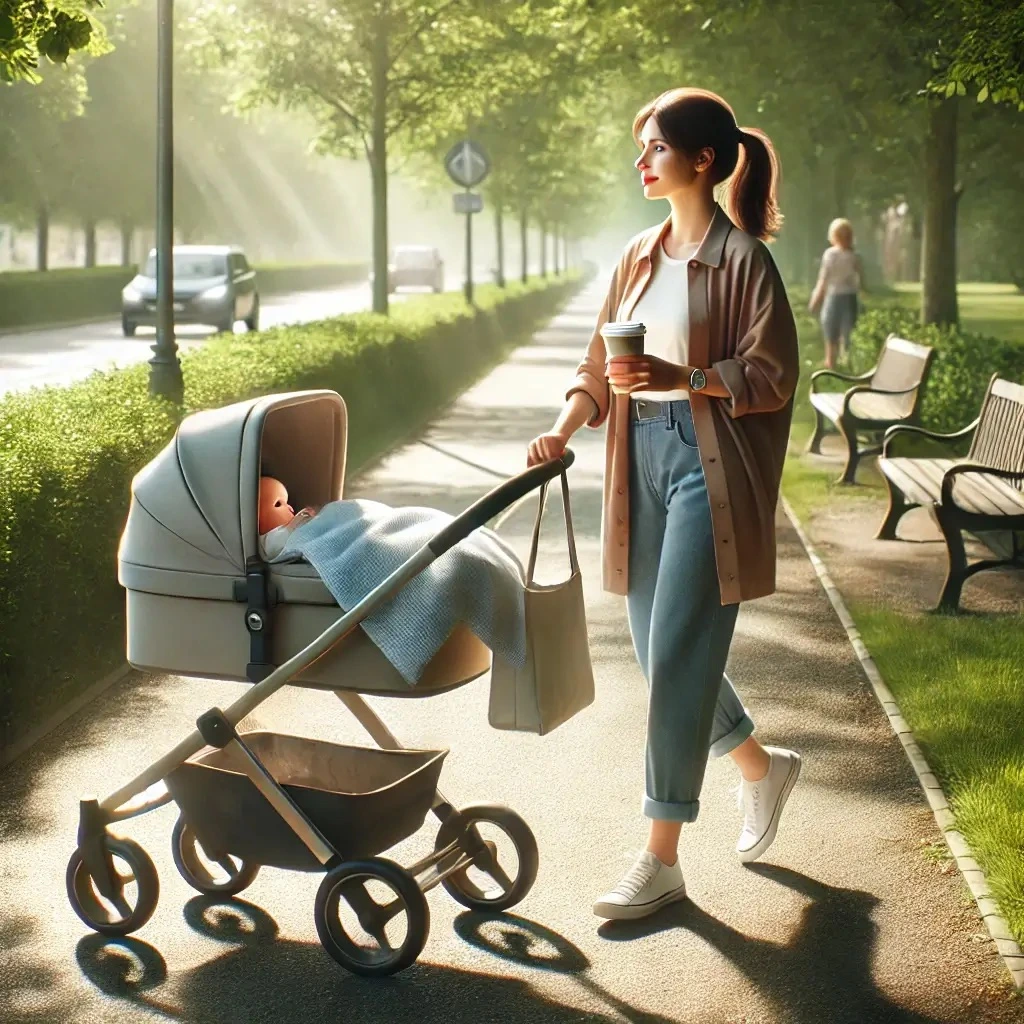 A young woman walks along a sunny park path pushing a baby stroller, holding a coffee cup, with the baby covered by a blue blanket.