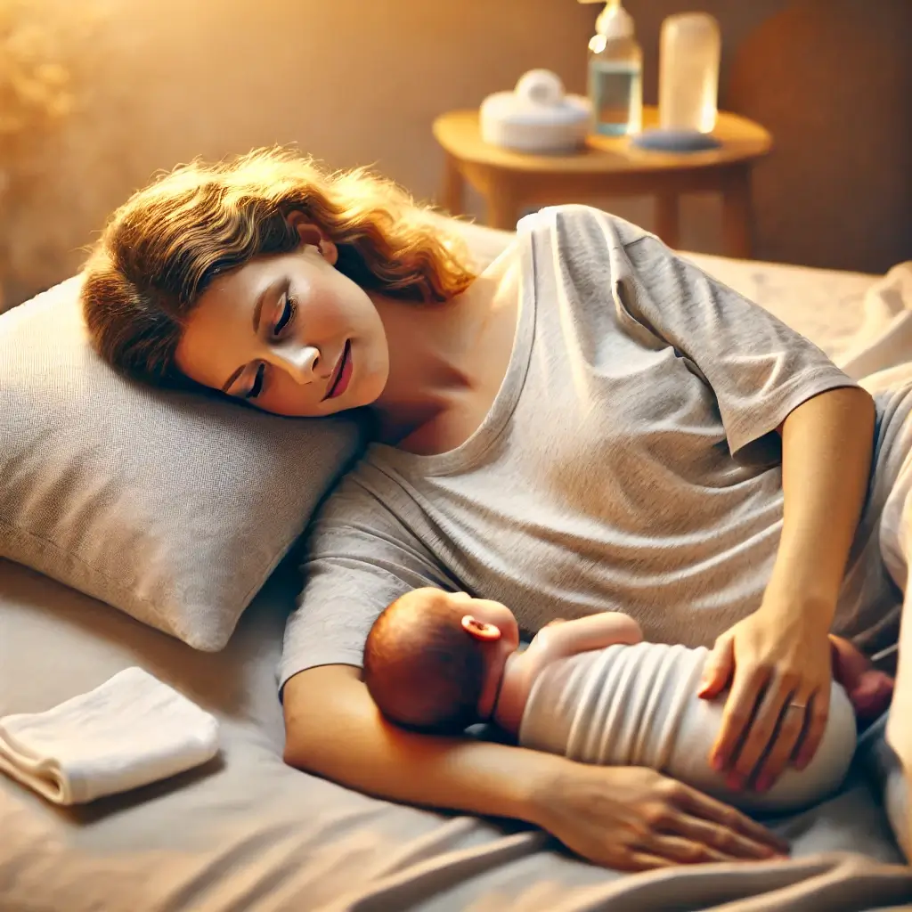 A mother lies on a bed and breastfeeds her newborn baby in a softly lit room, with a gentle and peaceful expression.