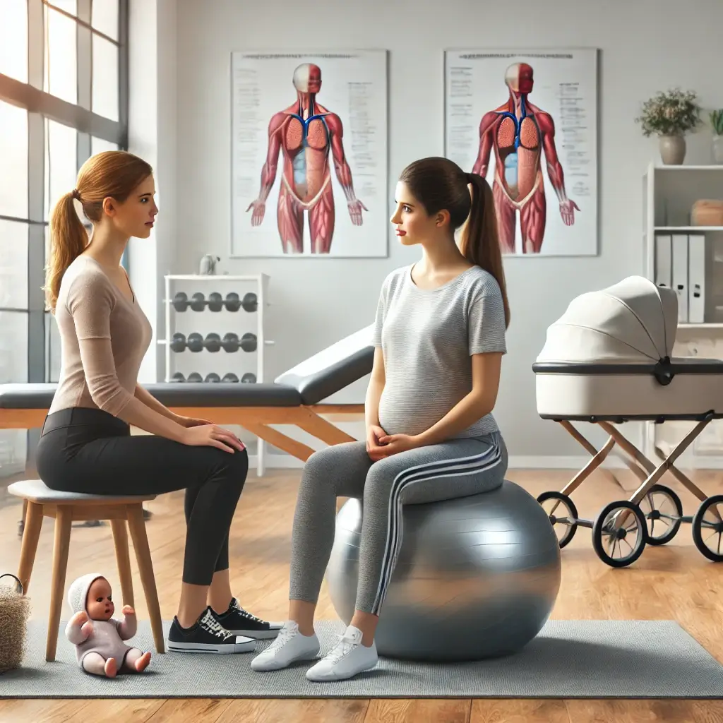A pregnant woman sits on an exercise ball while talking to a female fitness instructor in a modern gym or physiotherapy studio, with anatomical posters, gym equipment, a stroller, and a baby doll visible in the background.