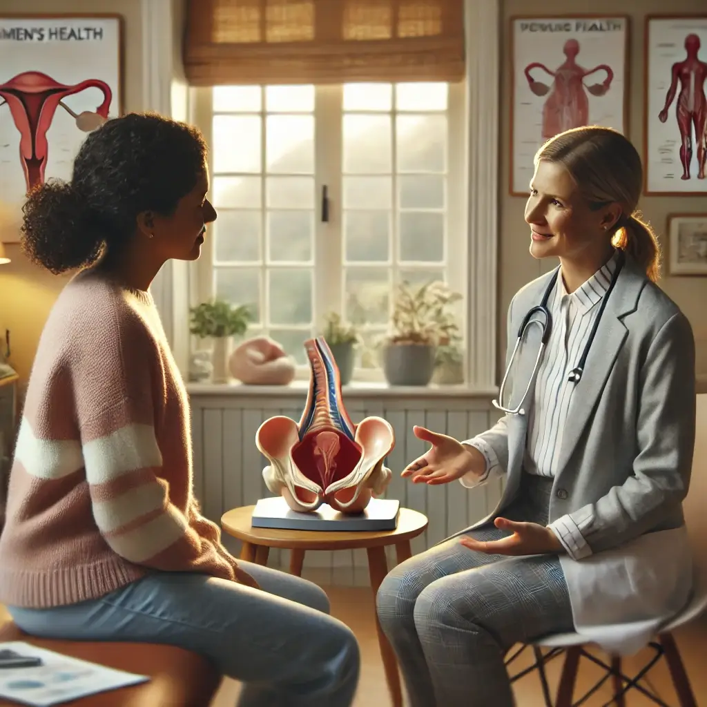 A female doctor discusses pelvic health with a patient in a medical office, with a pelvic anatomy model on the table between them and women's health posters in the background.