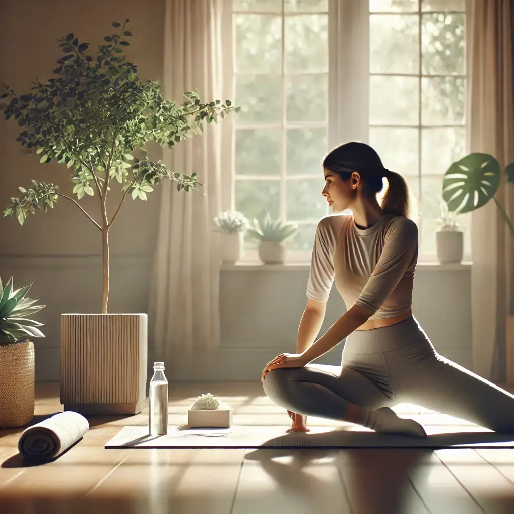 Woman practicing yoga indoors in a sunlit room with houseplants, seated on a yoga mat and stretching in a relaxed pose.