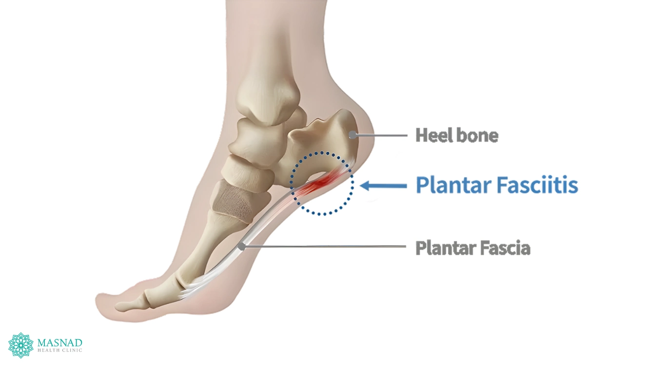A labelled diagram of the foot showing the plantar fascia location