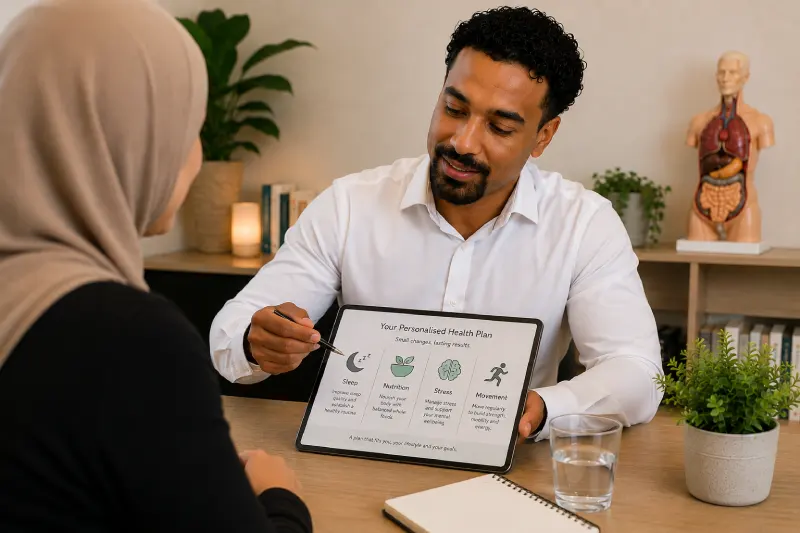 Imaad discussing a personalised health and lifestyle plan during a naturopathy consultation in Bankstown