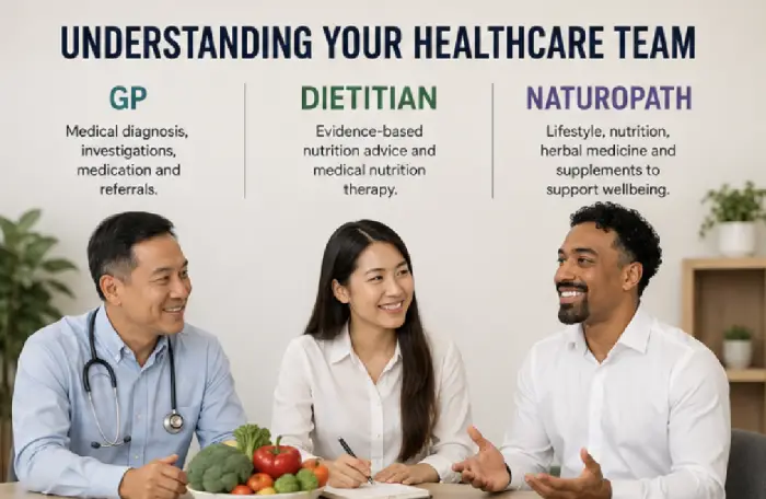 GP, dietitian and naturopath working together to support patient care.