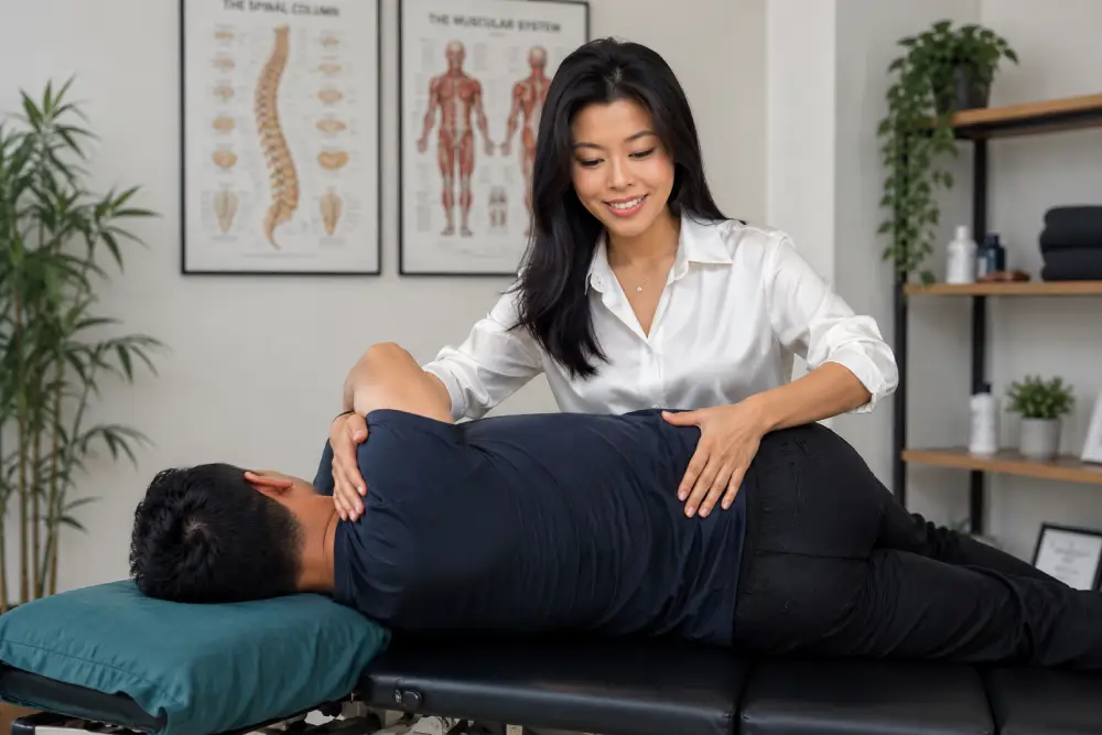 Chiropractor assessing lower back movement and function.