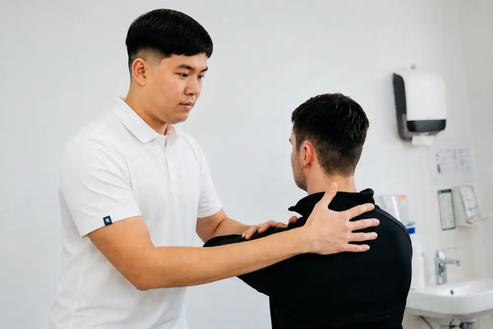 Patient performing shoulder strengthening and mobility exercises.