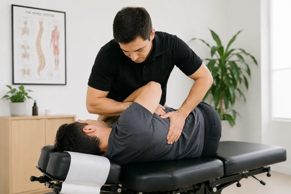 Chiropractor performing a spinal adjustment during treatment.