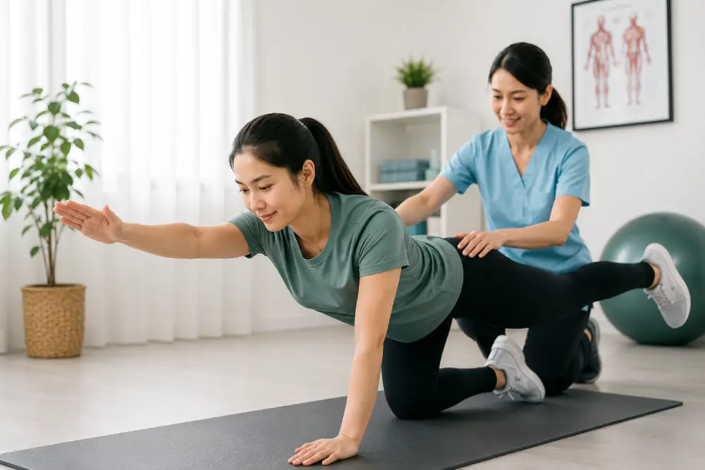 Patient performing a guided strengthening and mobility exercise with a healthcare practitioner