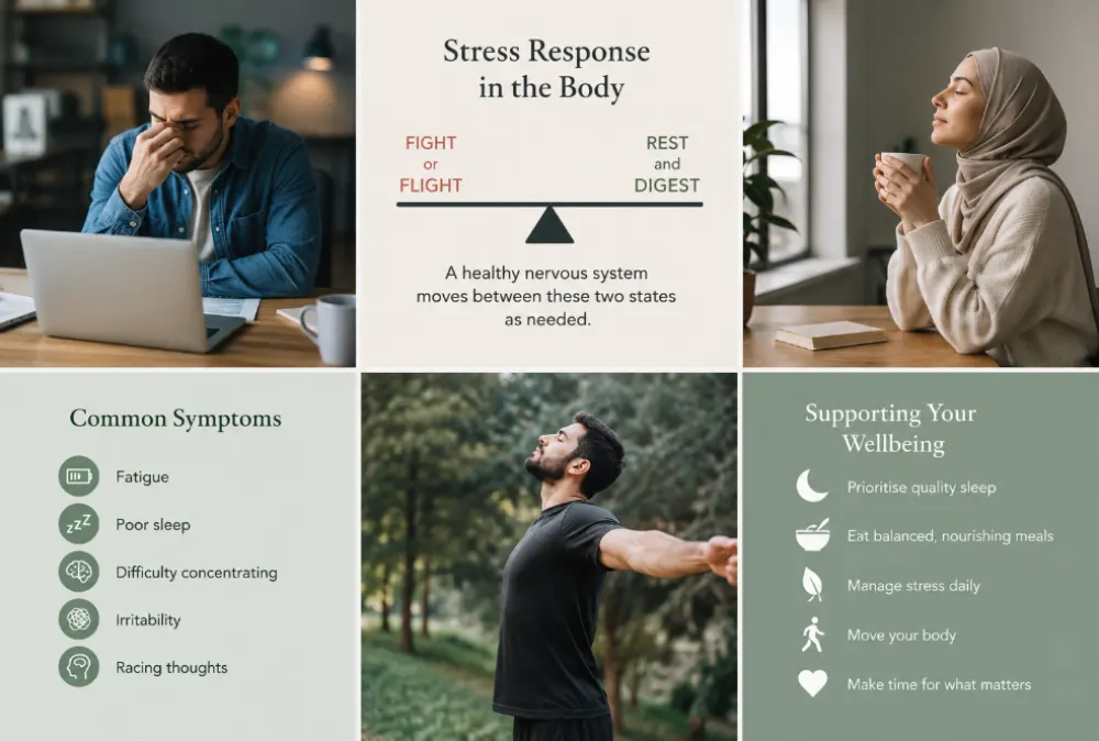 Stress response infographic showing common symptoms and simple ways to support nervous system wellbeing.